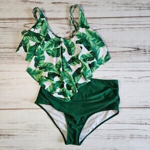 Shein Tropical Print 2 piece Flutter High Waist Bikini sz Large